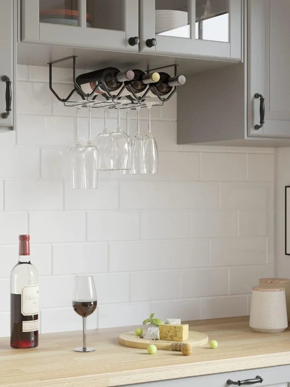 Set of 2 Under Cabinet Black Metal Wine Rack Holder 8 Bottle 12 Glass Stemware